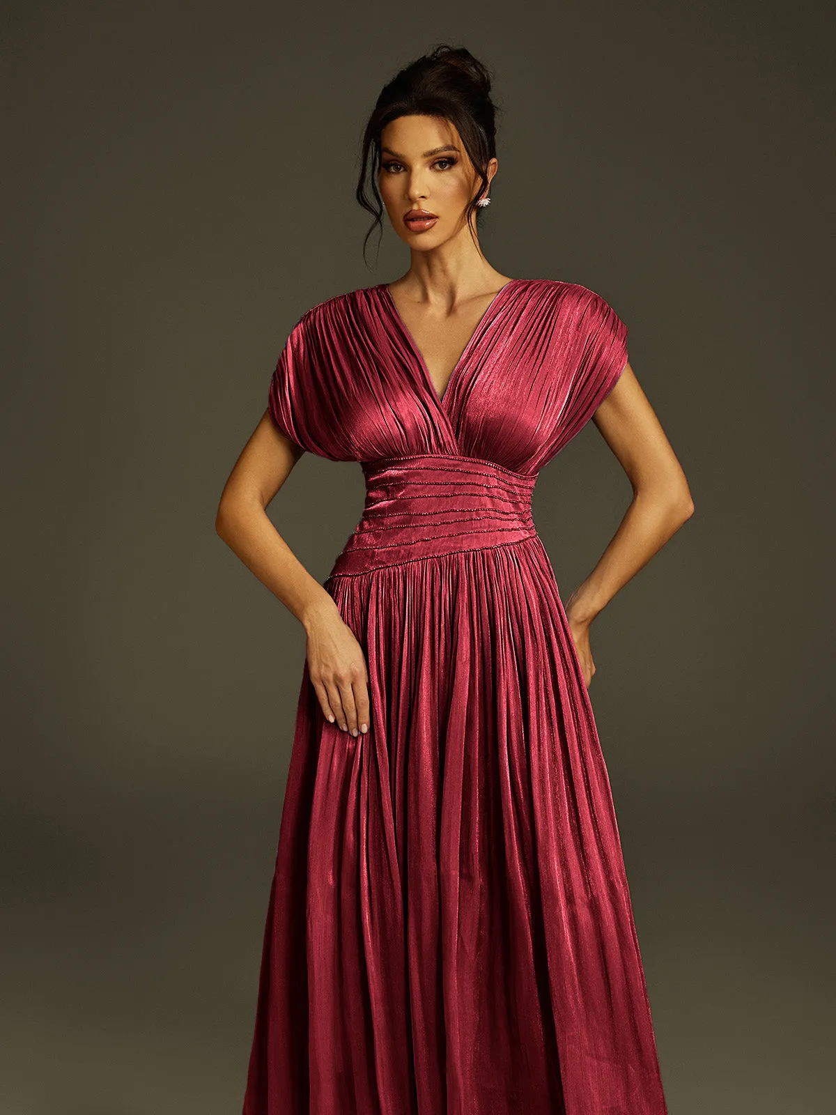 Kasen V Neck Ruched Maxi Dress In Wine sold by Mew Mews product image thumbnail 5