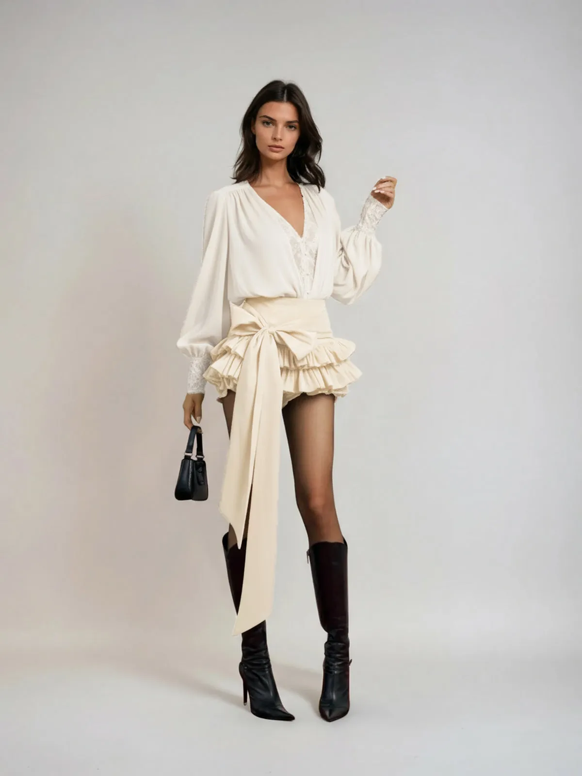 Ulaeron V Neck Lace Bow Mini Dress In Apricot sold by Mew Mews product image thumbnail 4