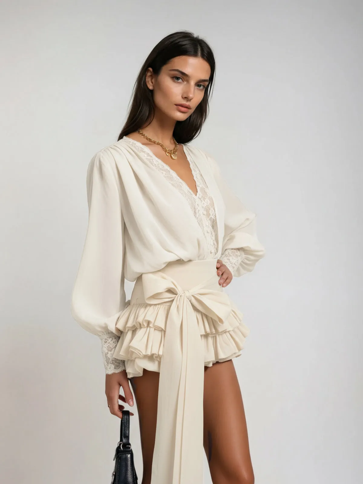 Ulaeron V Neck Lace Bow Mini Dress In Apricot sold by Mew Mews product image thumbnail 2