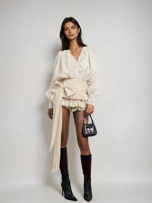 Ulaeron V Neck Lace Bow Mini Dress In Apricot sold by Mew Mews