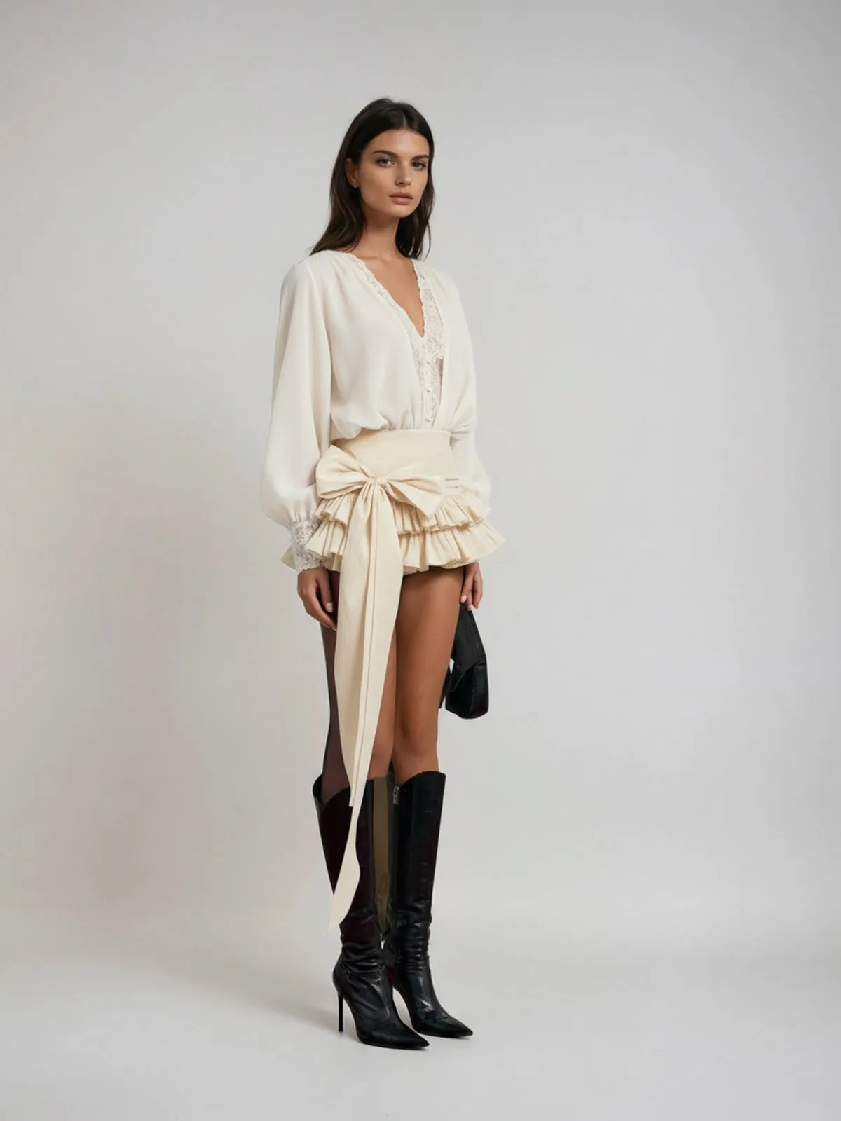 Ulaeron V Neck Lace Bow Mini Dress In Apricot sold by Mew Mews product image thumbnail 3