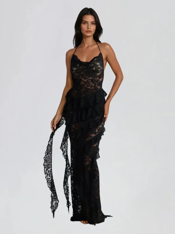 Cyanea Backless Lace Draped Maxi Dress sold by Mew Mews