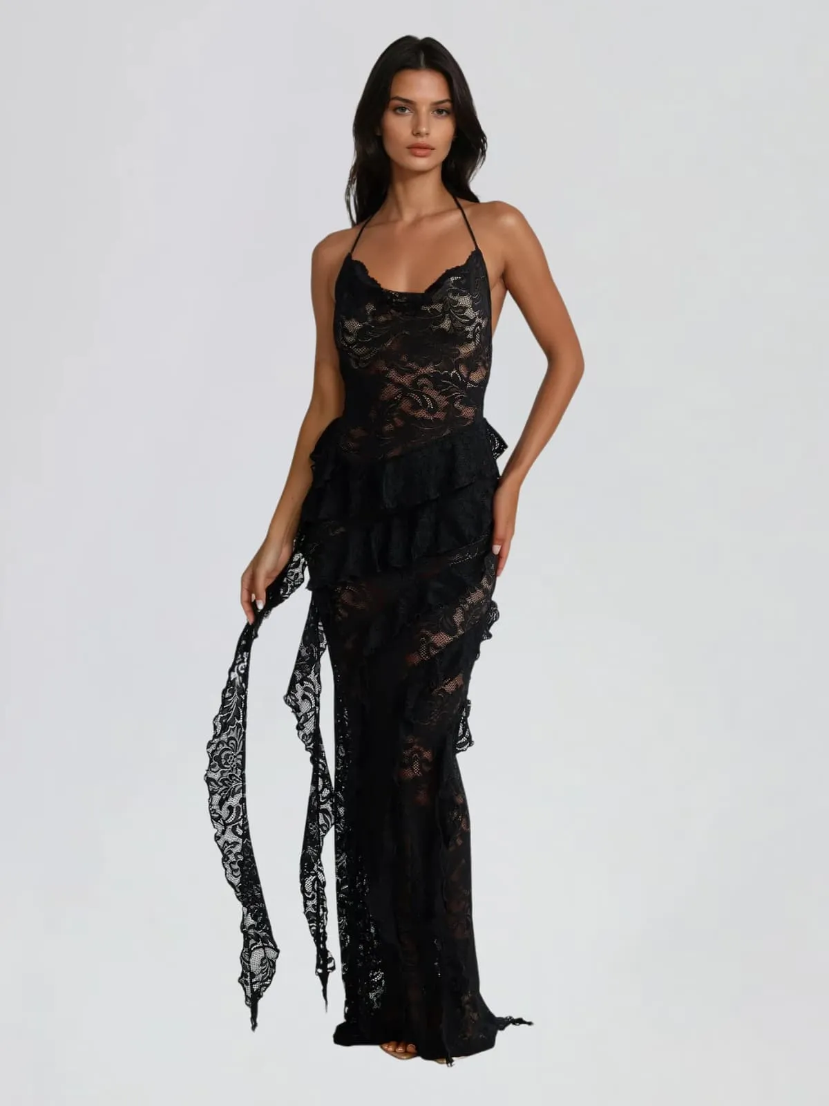 Cyanea Backless Lace Draped Maxi Dress sold by Mew Mews