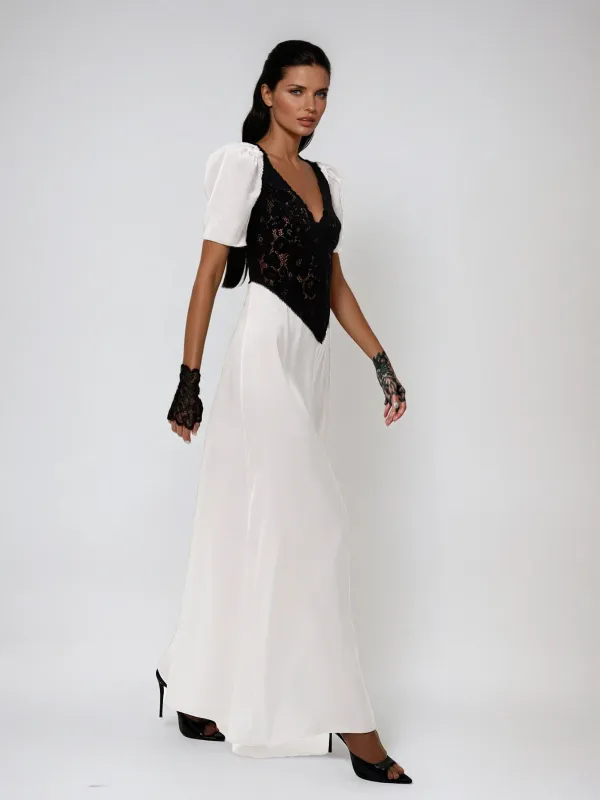 Eldritha V Neck Lace Satin Maxi Dress made by Mew Mews
