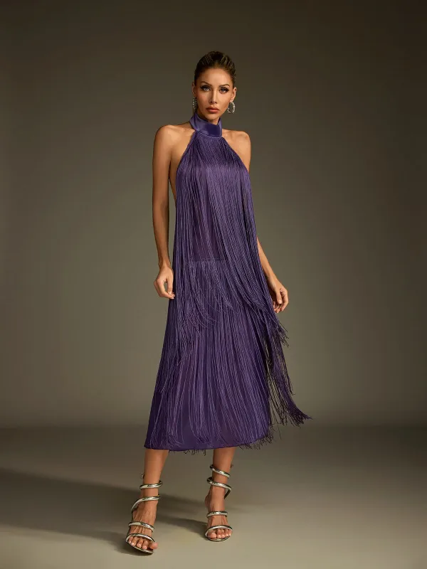 Lujayn Halterneck Fringe Midi Dress sold by Mew Mews