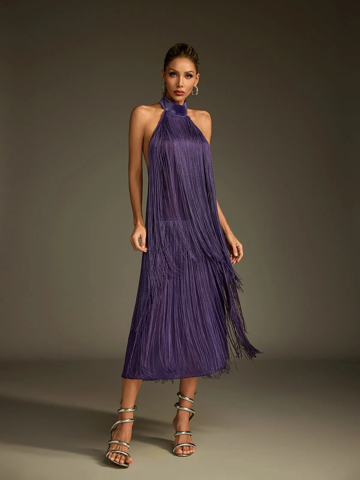 Lujayn Halterneck Fringe Midi Dress sold by Mew Mews