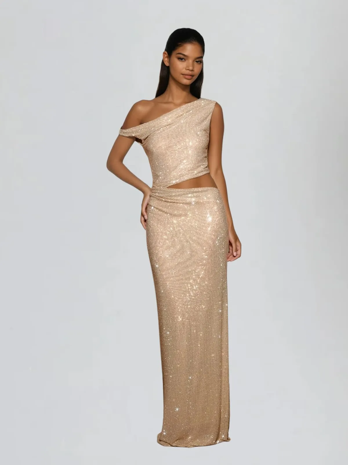 Diopter Cutout Rhinestone Maxi Dress In Apricot sold by Mew Mews product image thumbnail 2