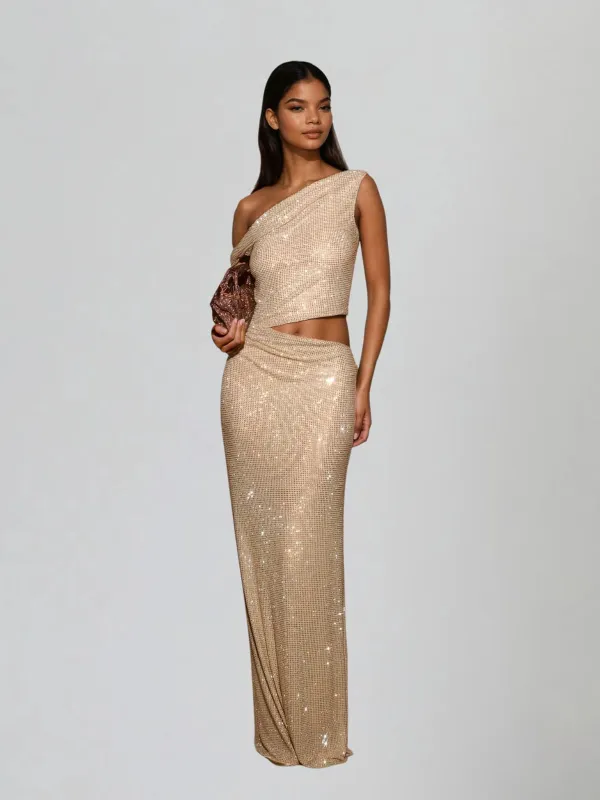 Diopter Cutout Rhinestone Maxi Dress In Apricot sold by Mew Mews