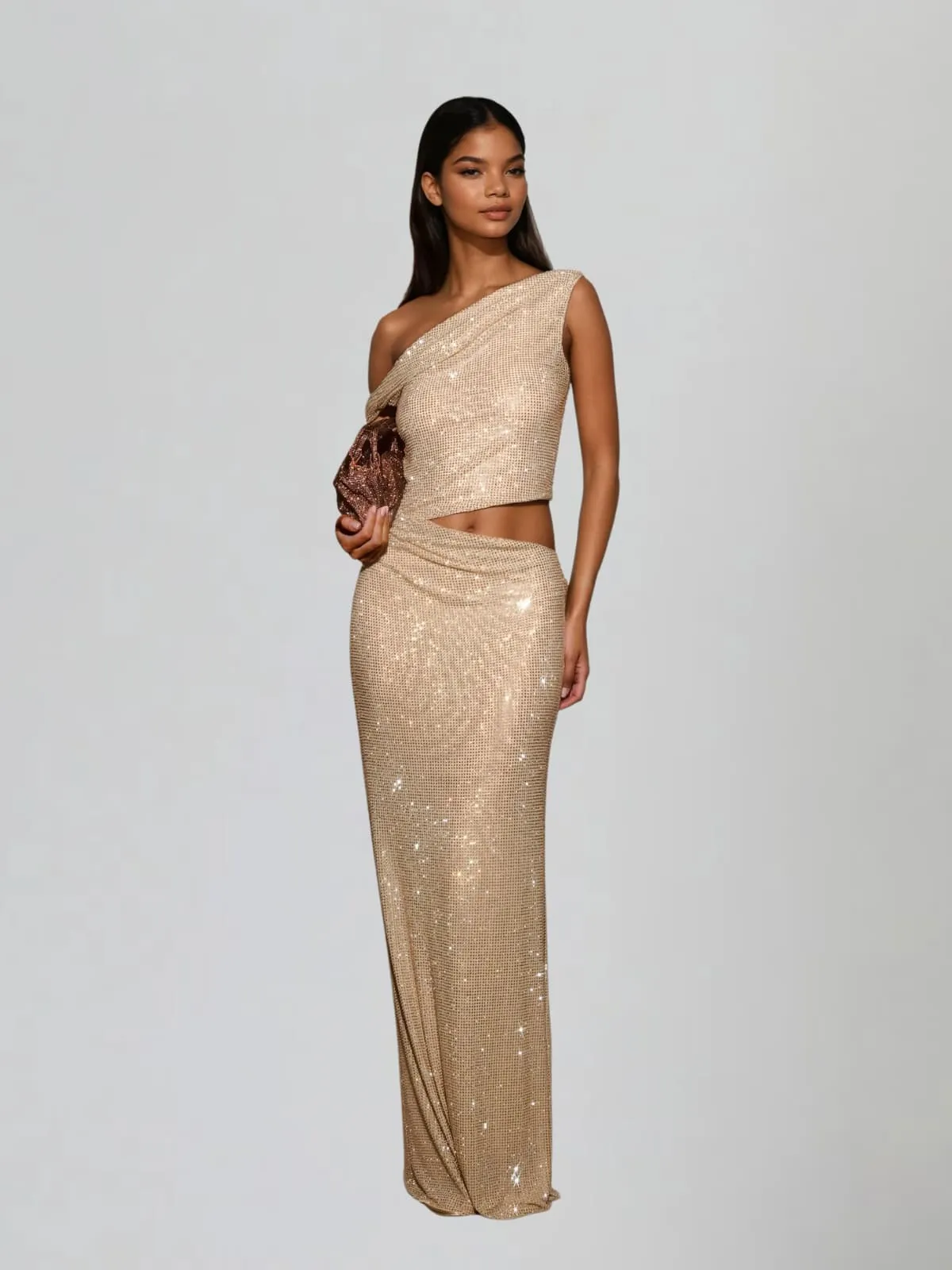 Diopter Cutout Rhinestone Maxi Dress In Apricot sold by Mew Mews