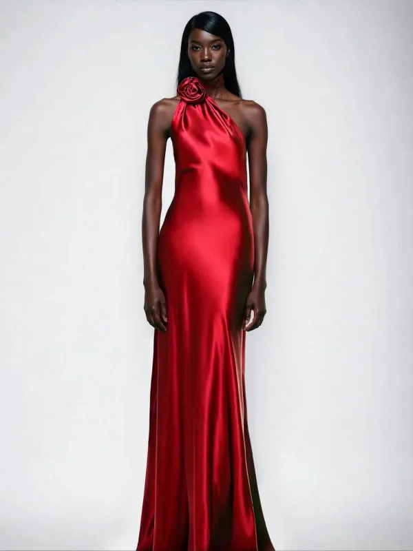 Fyria Halterneck Flower Satin Maxi Dress In Red sold by Mew Mews