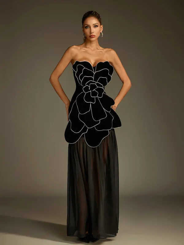 Luffy Strapless Flower Mesh Maxi Dress sold by Mew Mews