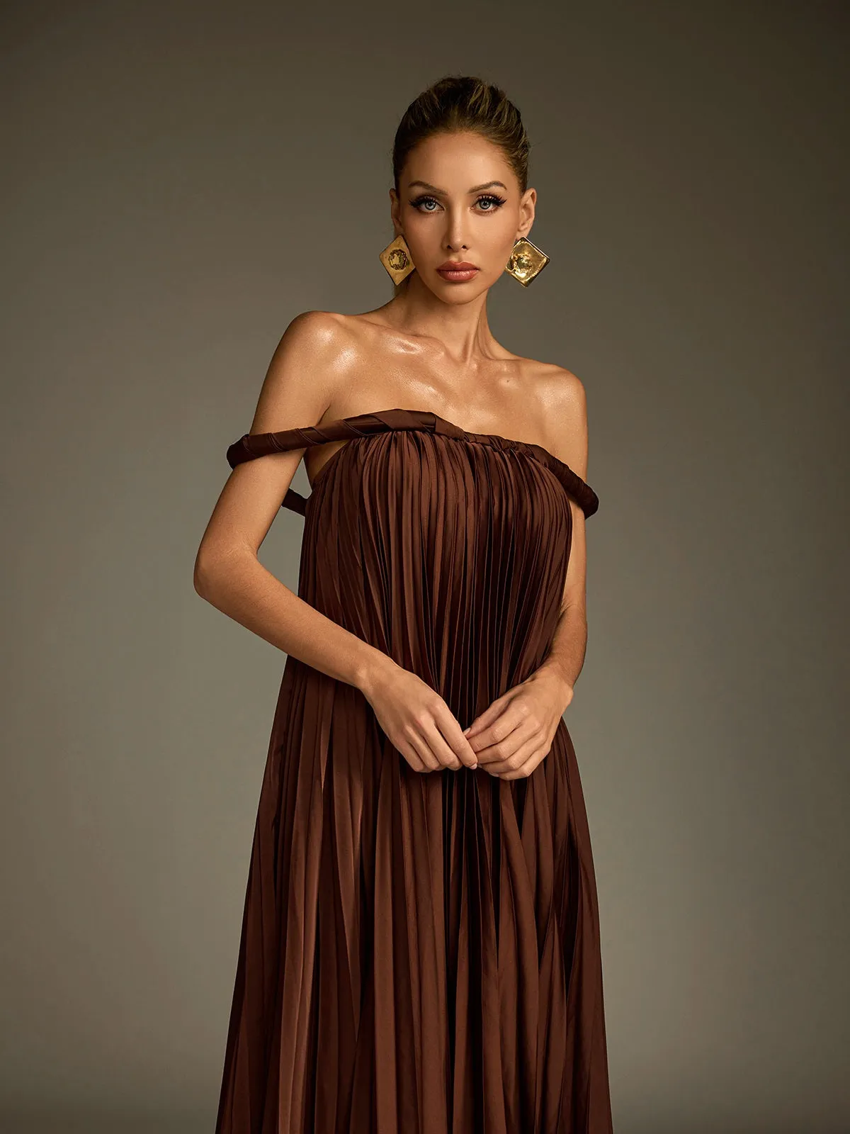 Lucetta Off Shoulder Pleated Midi Dress sold by Mew Mews product image thumbnail 3