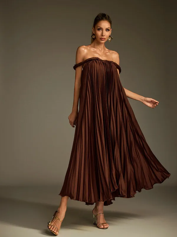 Lucetta Off Shoulder Pleated Midi Dress sold by Mew Mews