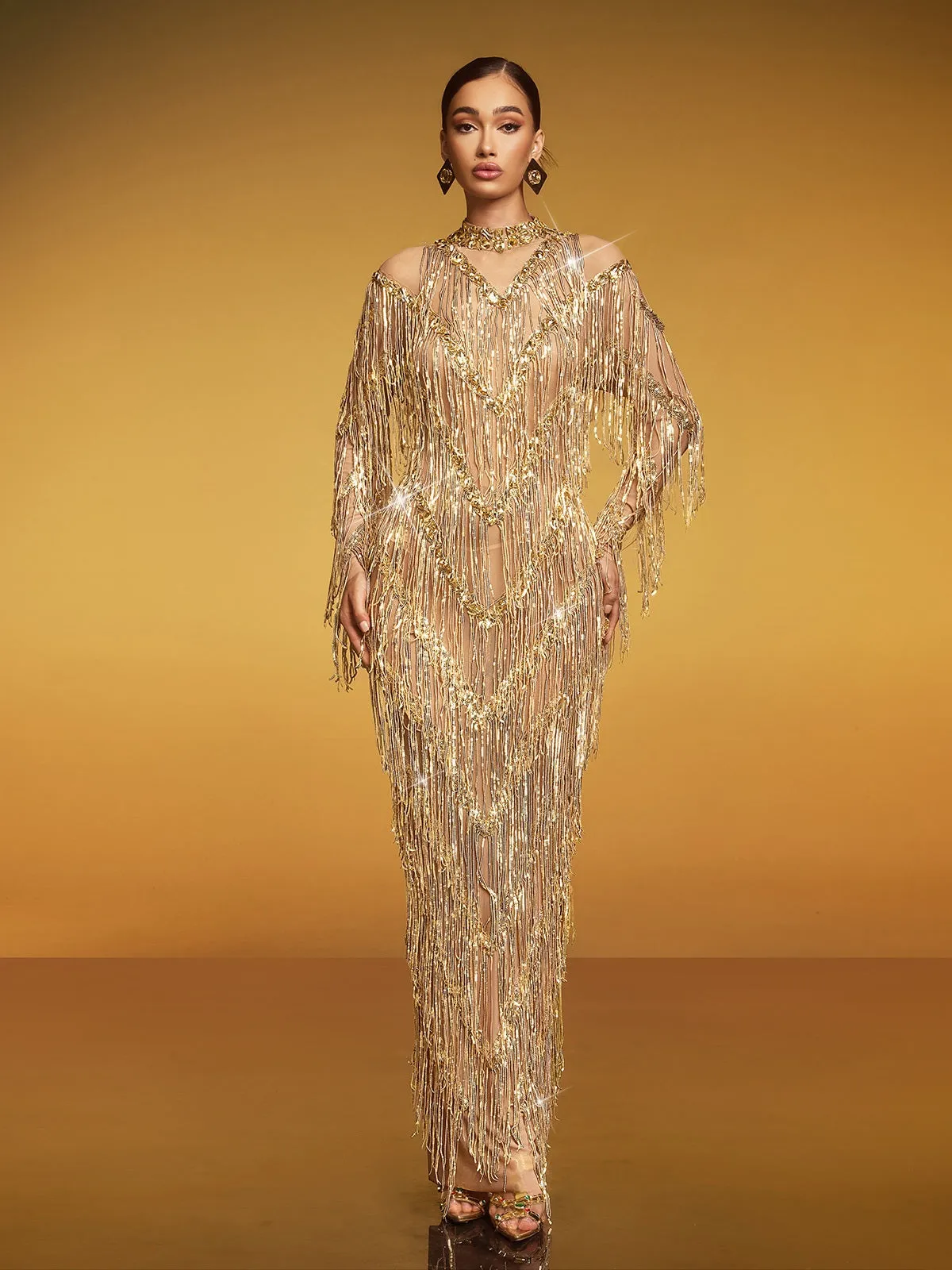 Emanon Fringe Sequin Maxi Dress sold by Mew Mews