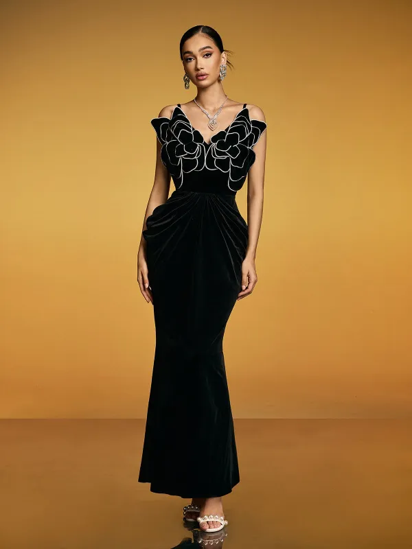 Etherion Spaghetti Flower Velvet Maxi Dress sold by Mew Mews