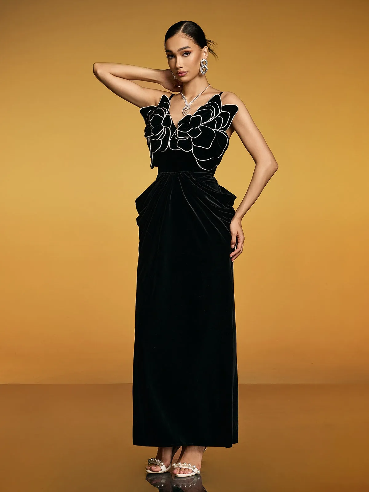 Etherion Spaghetti Flower Velvet Maxi Dress sold by Mew Mews product image thumbnail 4