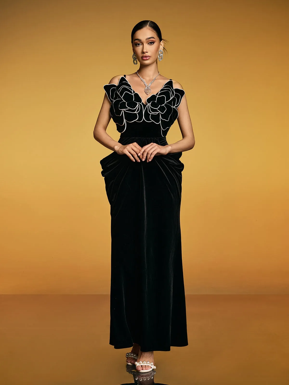 Etherion Spaghetti Flower Velvet Maxi Dress sold by Mew Mews product image thumbnail 3