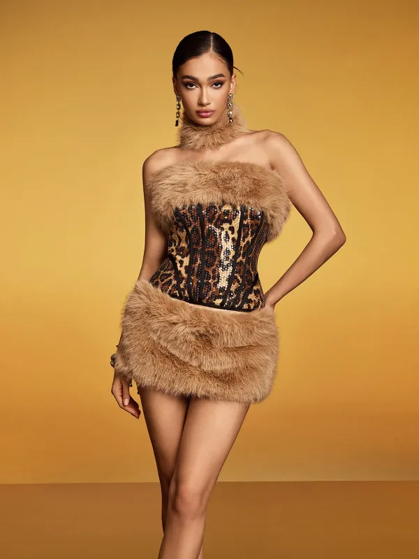 Dualyte Leopard Fur Sequin Skirt Set sold by Mew Mews