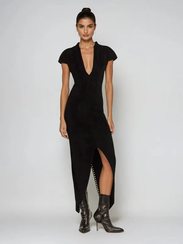 Evania V Neck Velvet Split Midi Dress sold by Mew Mews