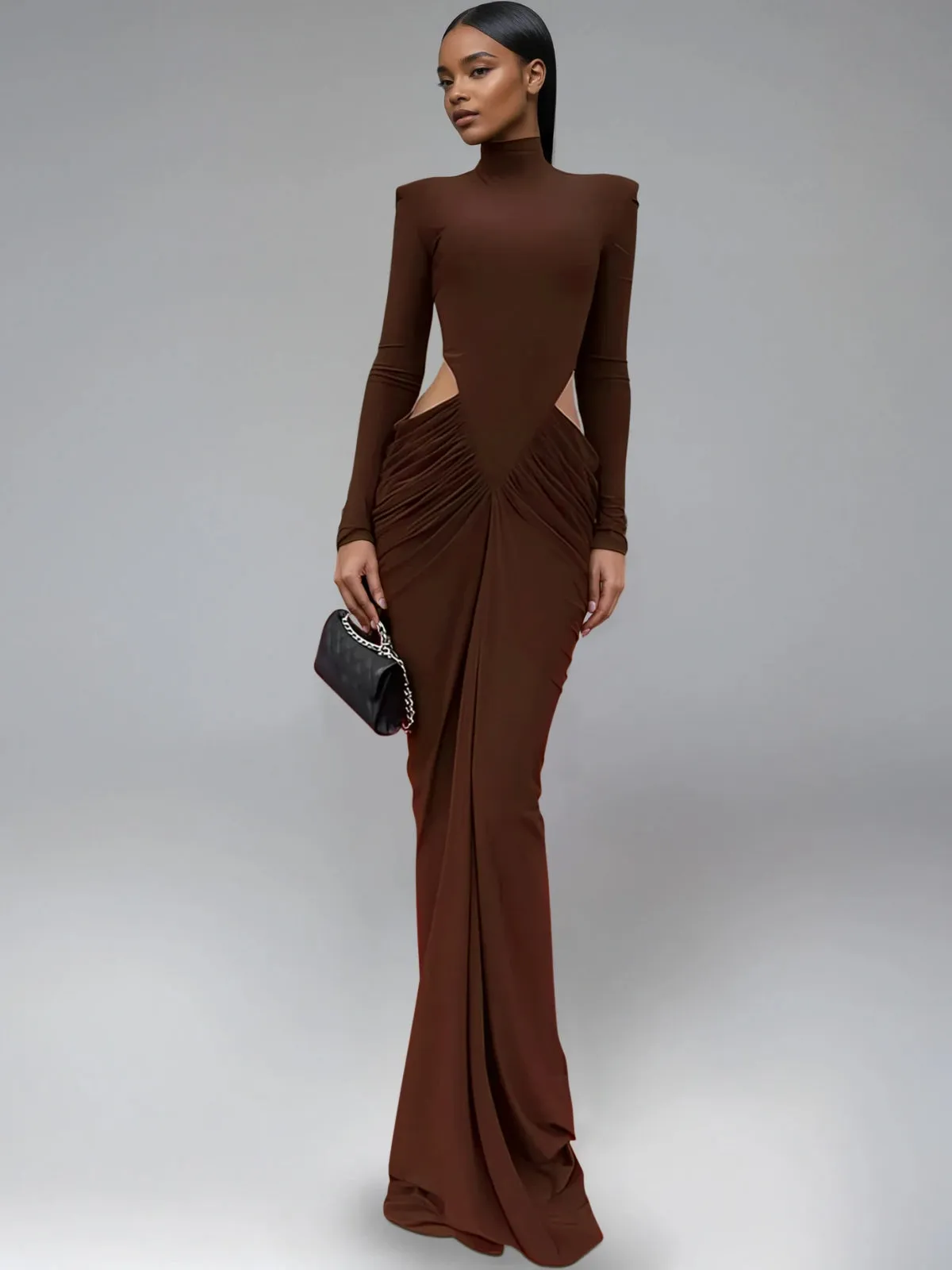Dualux High Neck Cutout Maxi Dress In Brown sold by Mew Mews