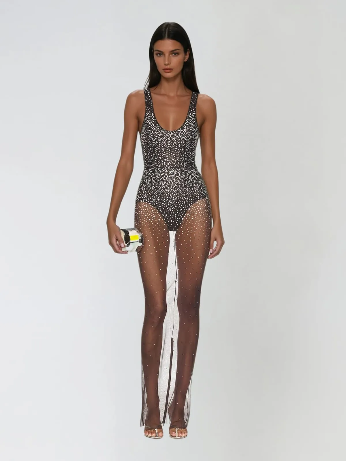 Avenire U Neck Rhinestone Mesh Maxi Dress sold by Mew Mews