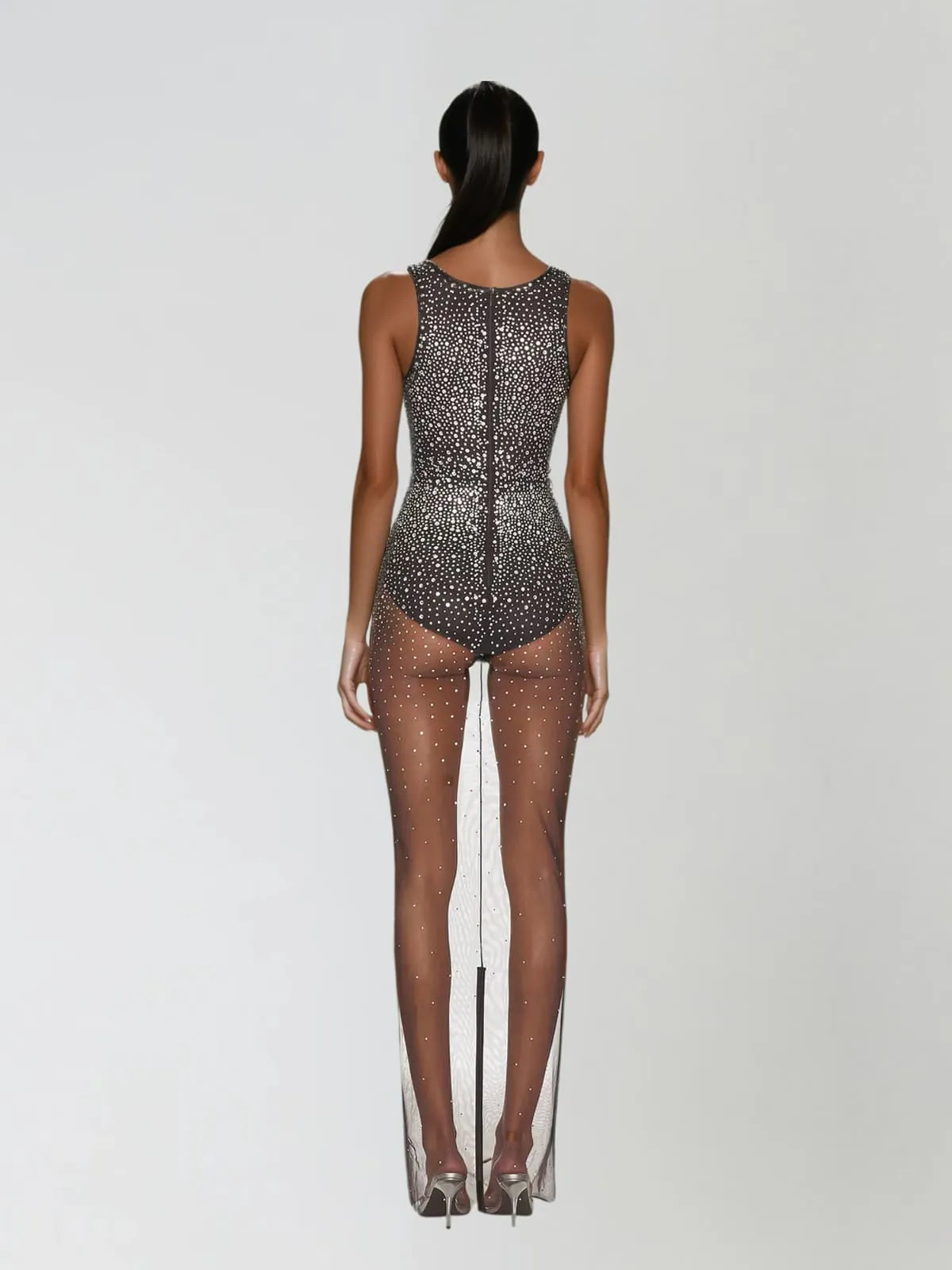 Avenire U Neck Rhinestone Mesh Maxi Dress sold by Mew Mews product image thumbnail 3