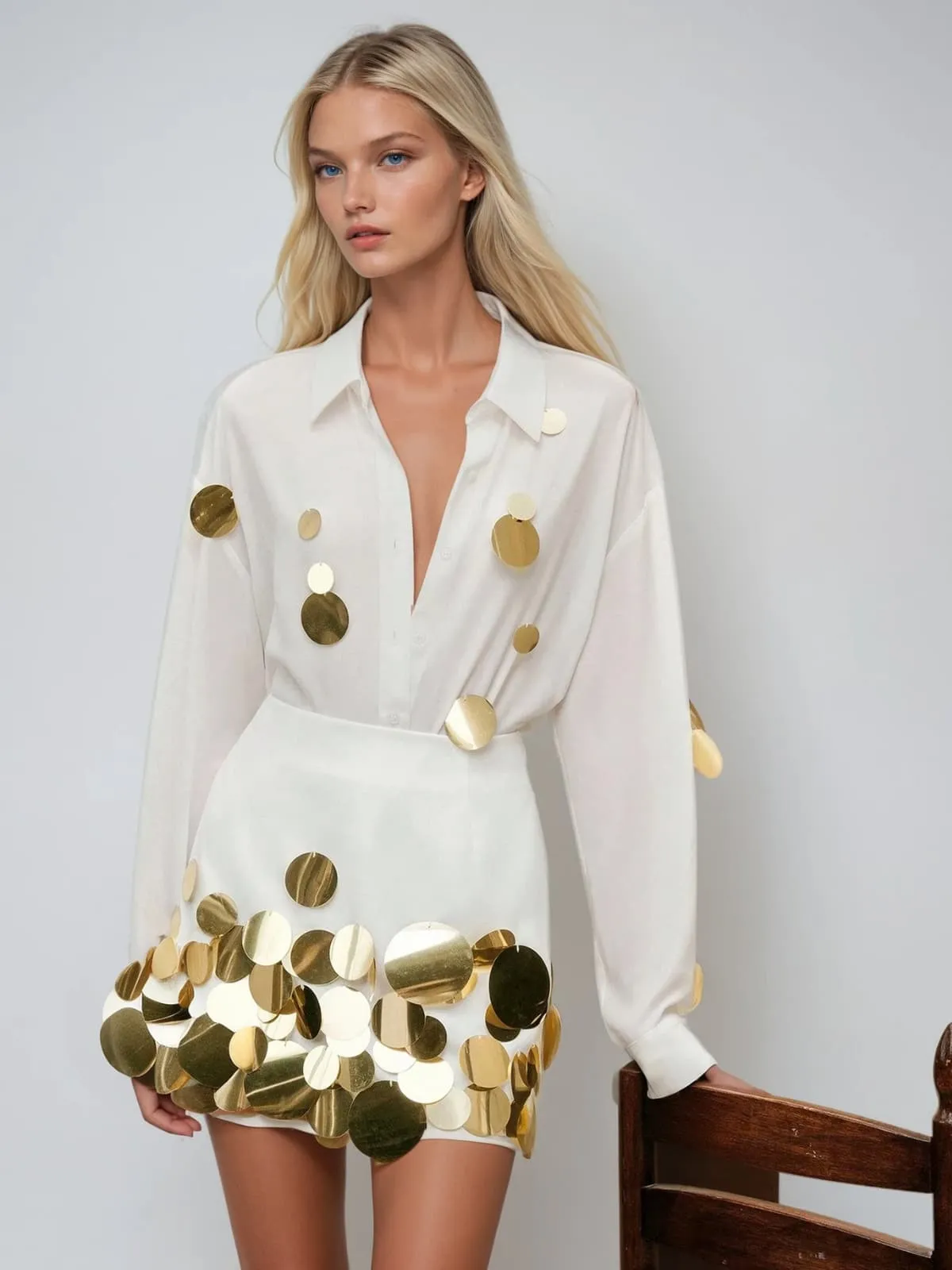 Uthara V Neck Sequin Skirt Set In White sold by Mew Mews