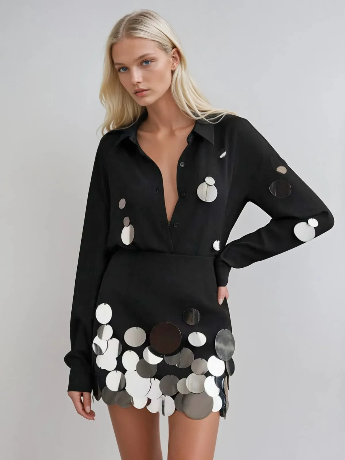 Uthara V Neck Sequin Skirt Set In Silver sold by Mew Mews