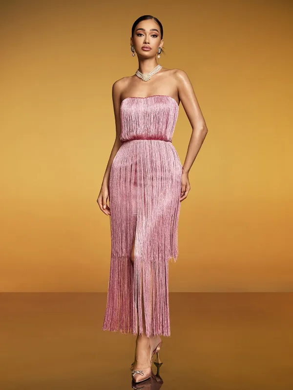 Eidolon Strapless Fringe Sequin Maxi Dress sold by Mew Mews