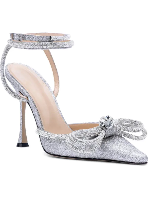 Laila Bow Crystal Satin Heels In Silver made by Mew Mews