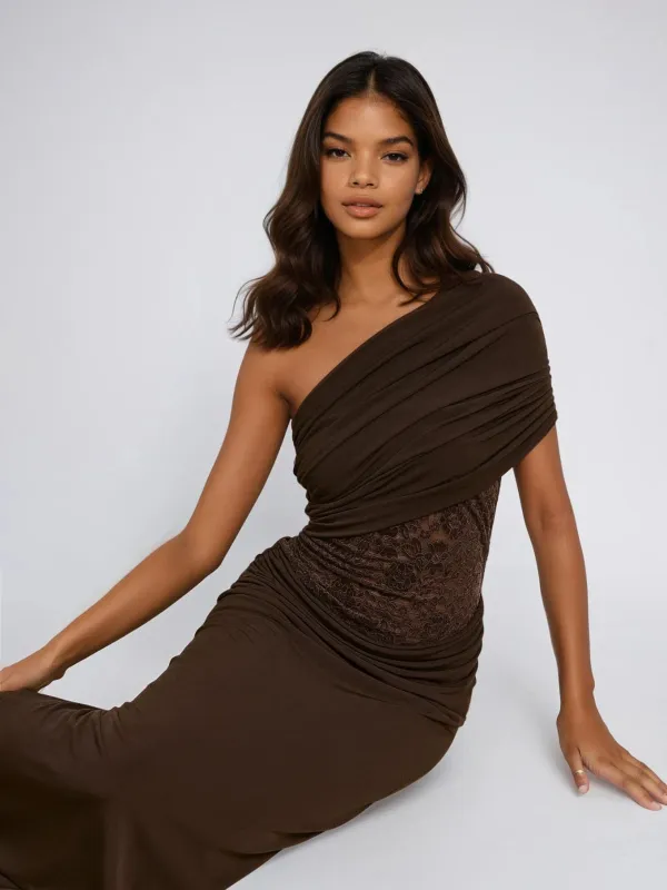 Encoda One Shoulder Ruched Lace Maxi Dress sold by Mew Mews