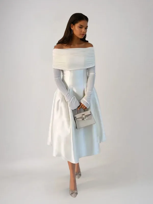 Echodar Off Shoulder Satin Midi Dress sold by Mew Mews
