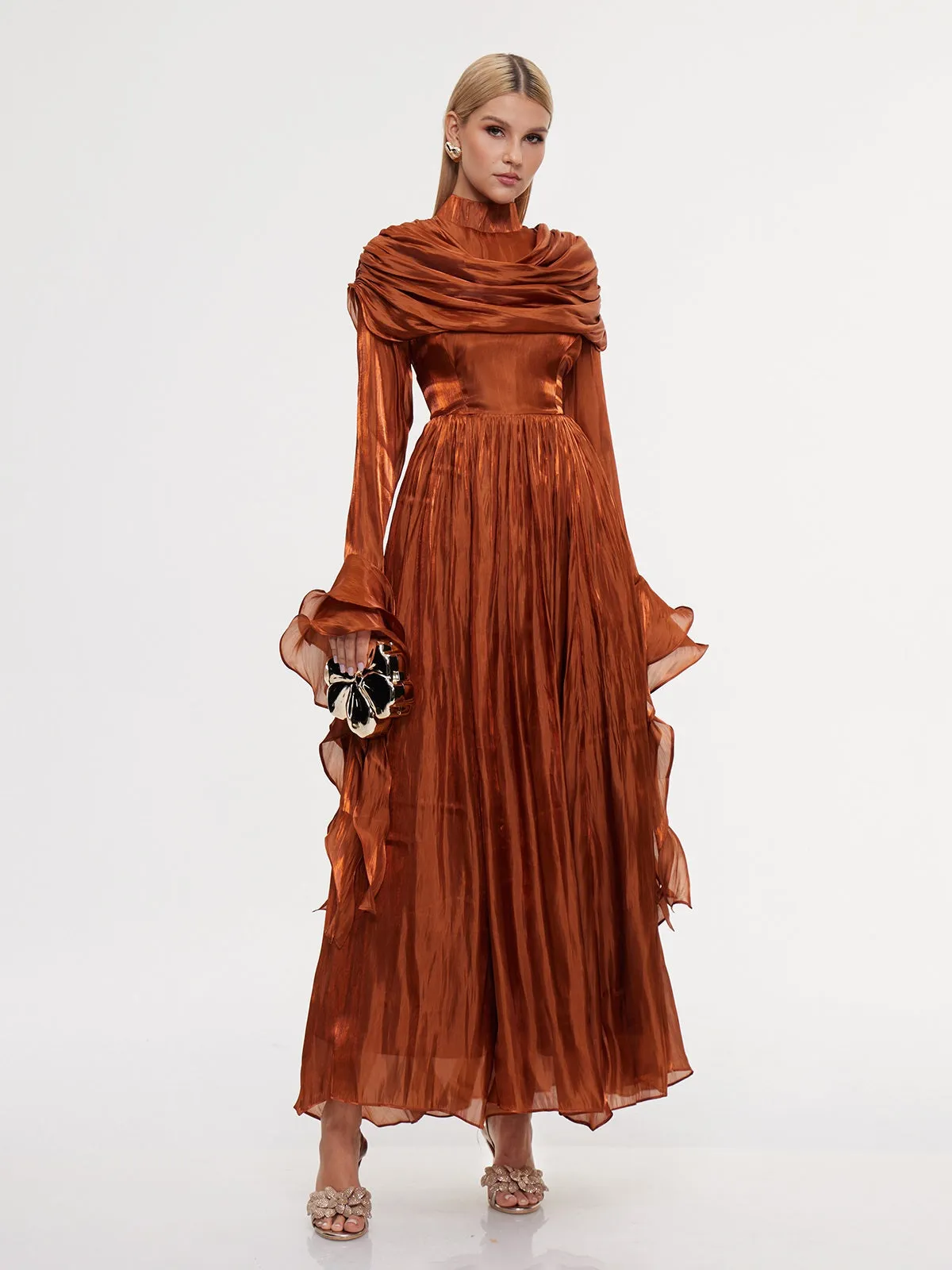 Emanara High Neck Shawl Ruffle Maxi Dress sold by Mew Mews