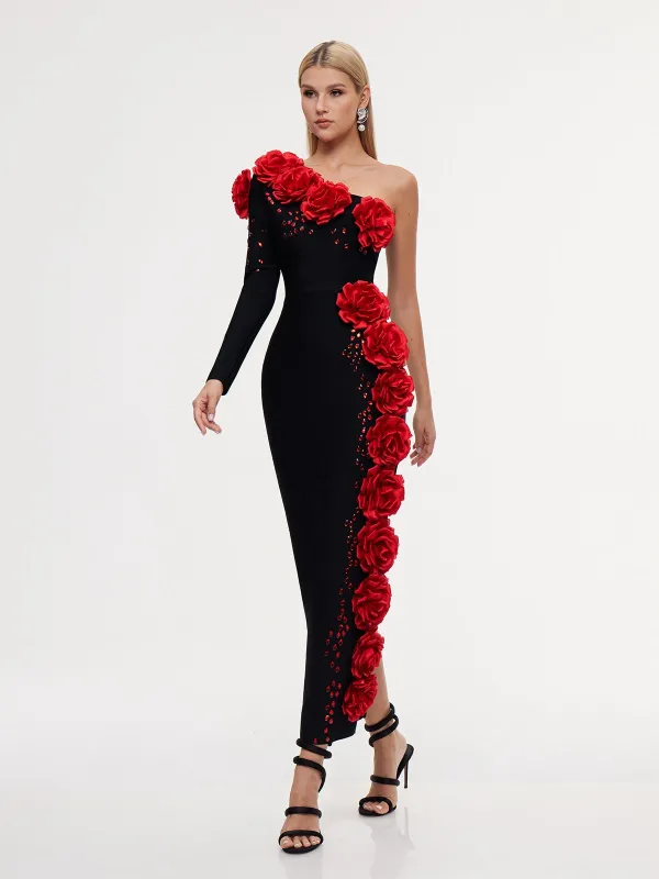 Execra One Shoulder Flower Bandage Maxi Dress sold by Mew Mews