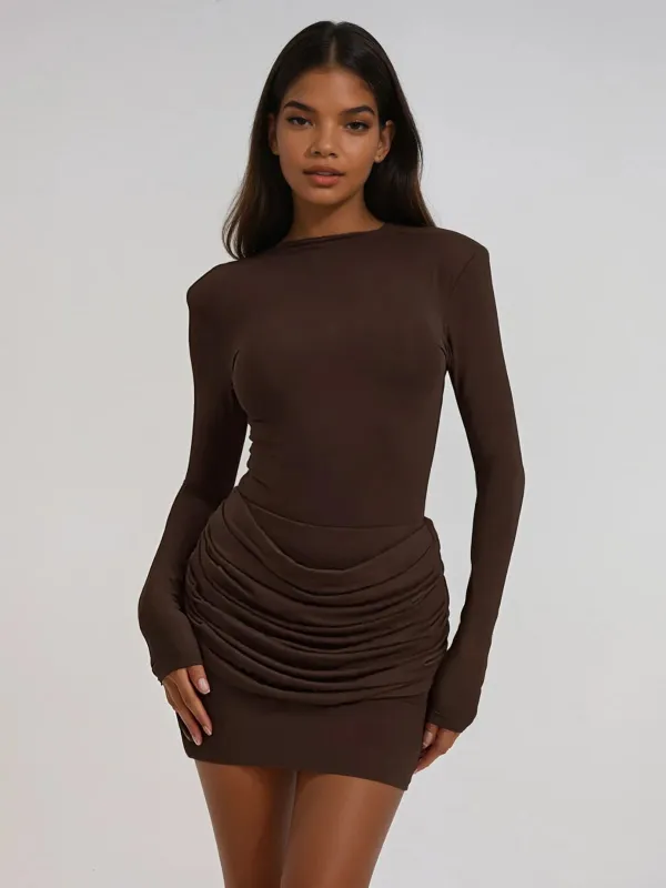 Lyubov Long Sleeve Ruched Dress In Brown sold by Mew Mews