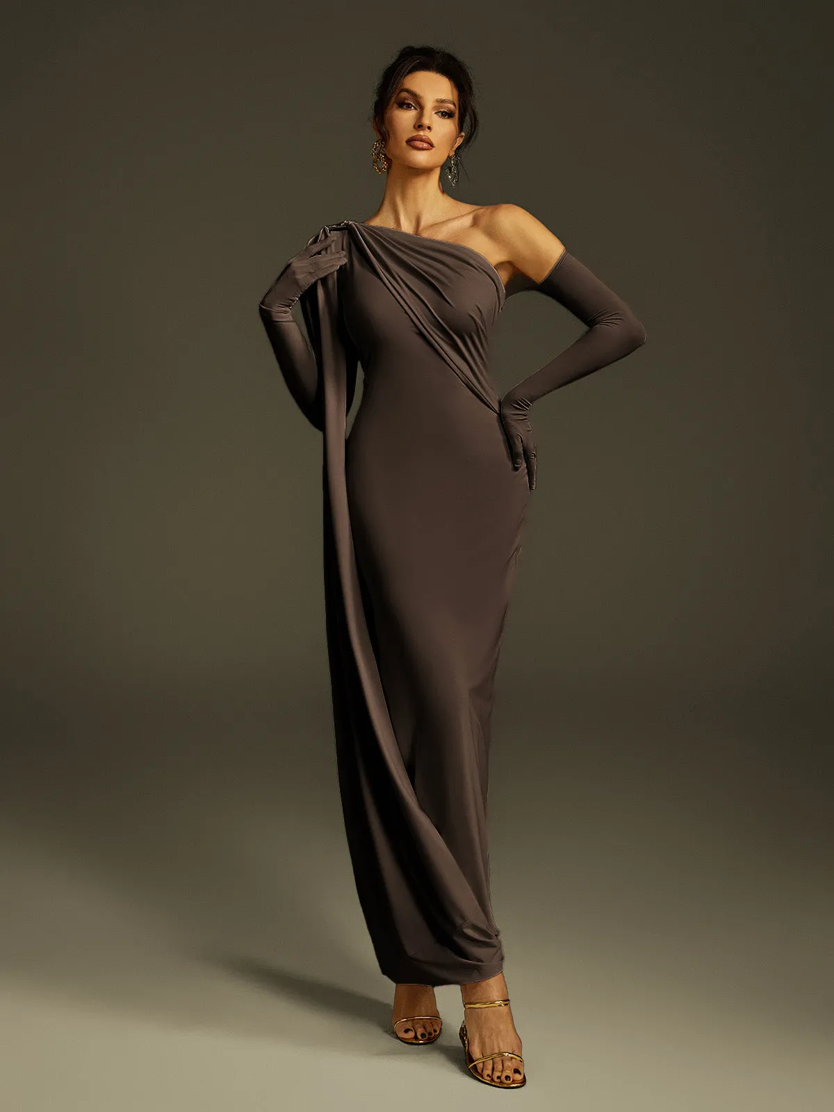 Jehiel One Shoulder Draped Maxi Dress In Brown sold by Mew Mews product image thumbnail 2