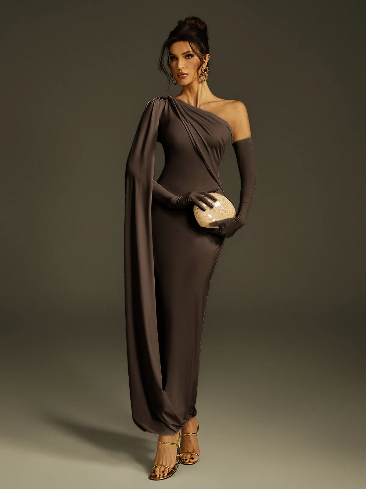 Jehiel One Shoulder Draped Maxi Dress In Brown sold by Mew Mews product image thumbnail 4