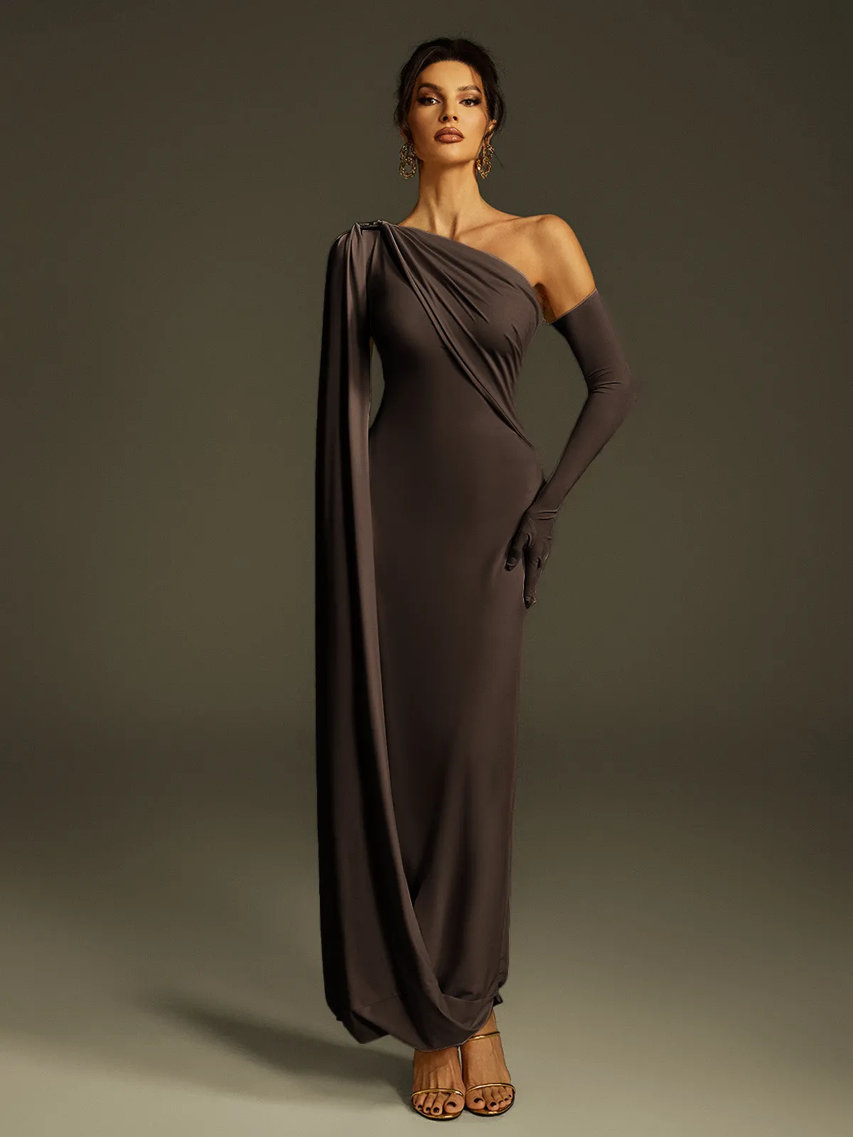 Jehiel One Shoulder Draped Maxi Dress In Brown sold by Mew Mews