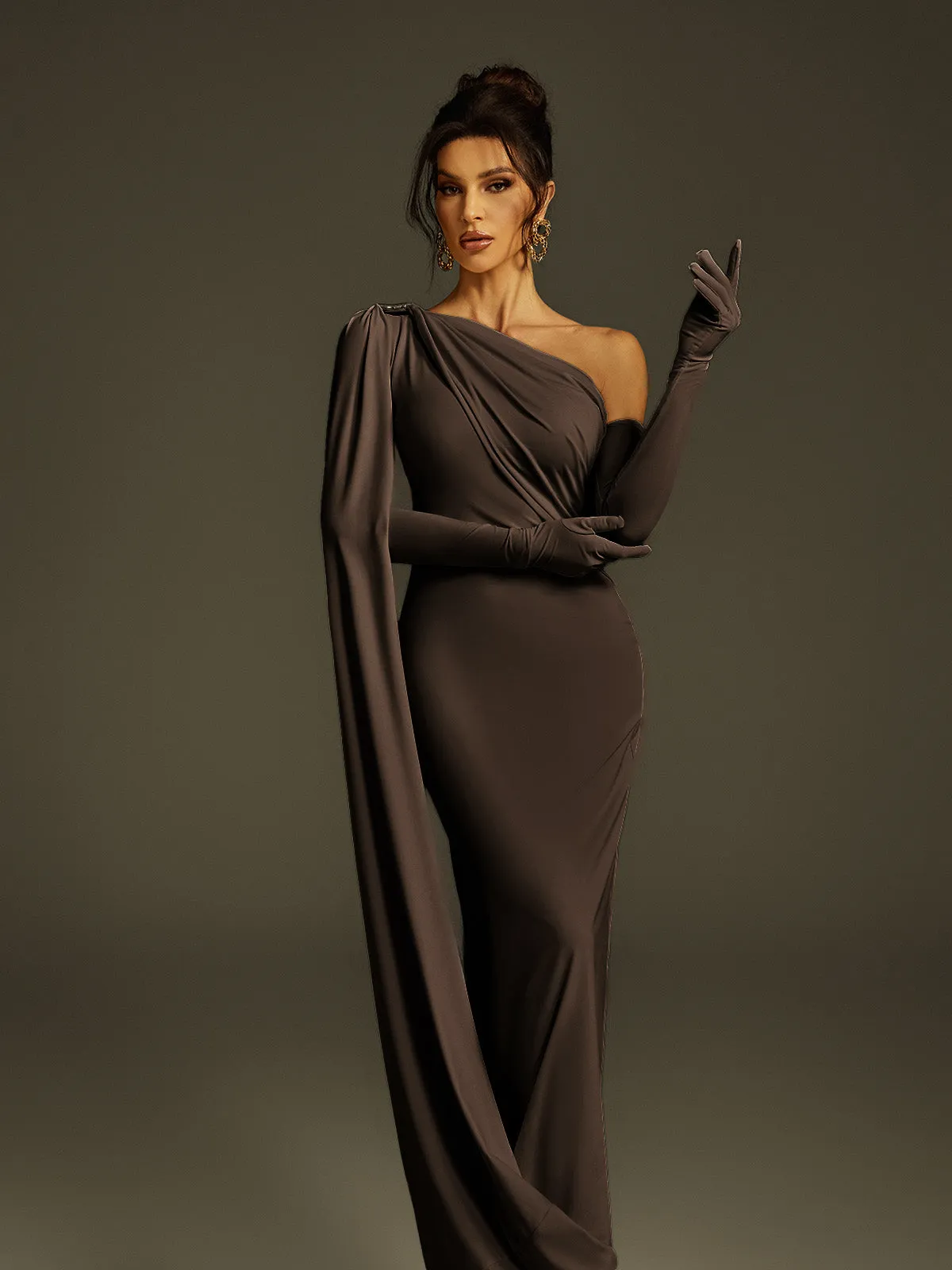 Jehiel One Shoulder Draped Maxi Dress In Brown sold by Mew Mews product image thumbnail 5