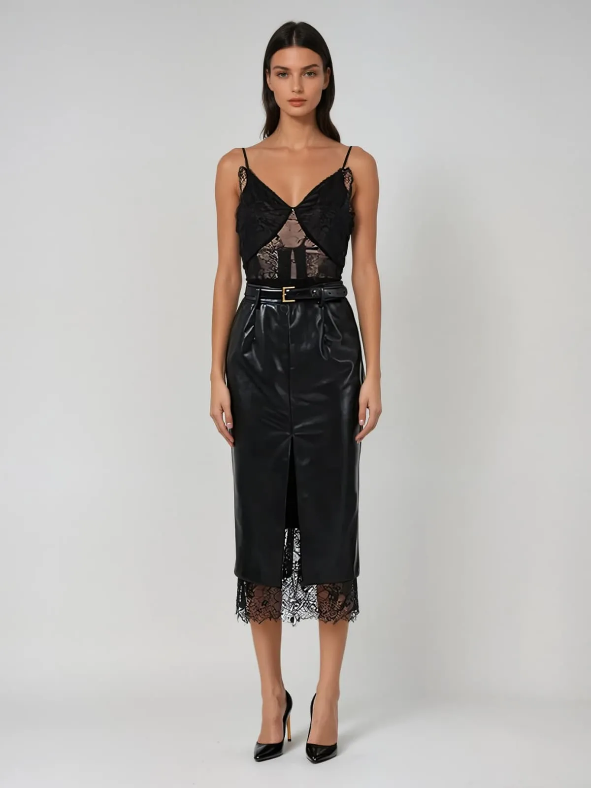 Frazilor Spaghetti Lace Leather Midi Dress sold by Mew Mews product image thumbnail 2