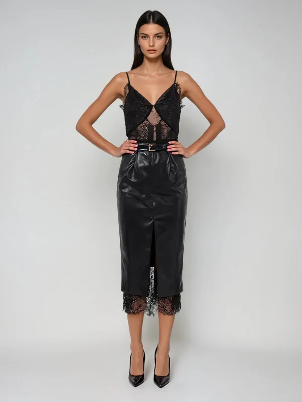 Frazilor Spaghetti Lace Leather Midi Dress sold by Mew Mews