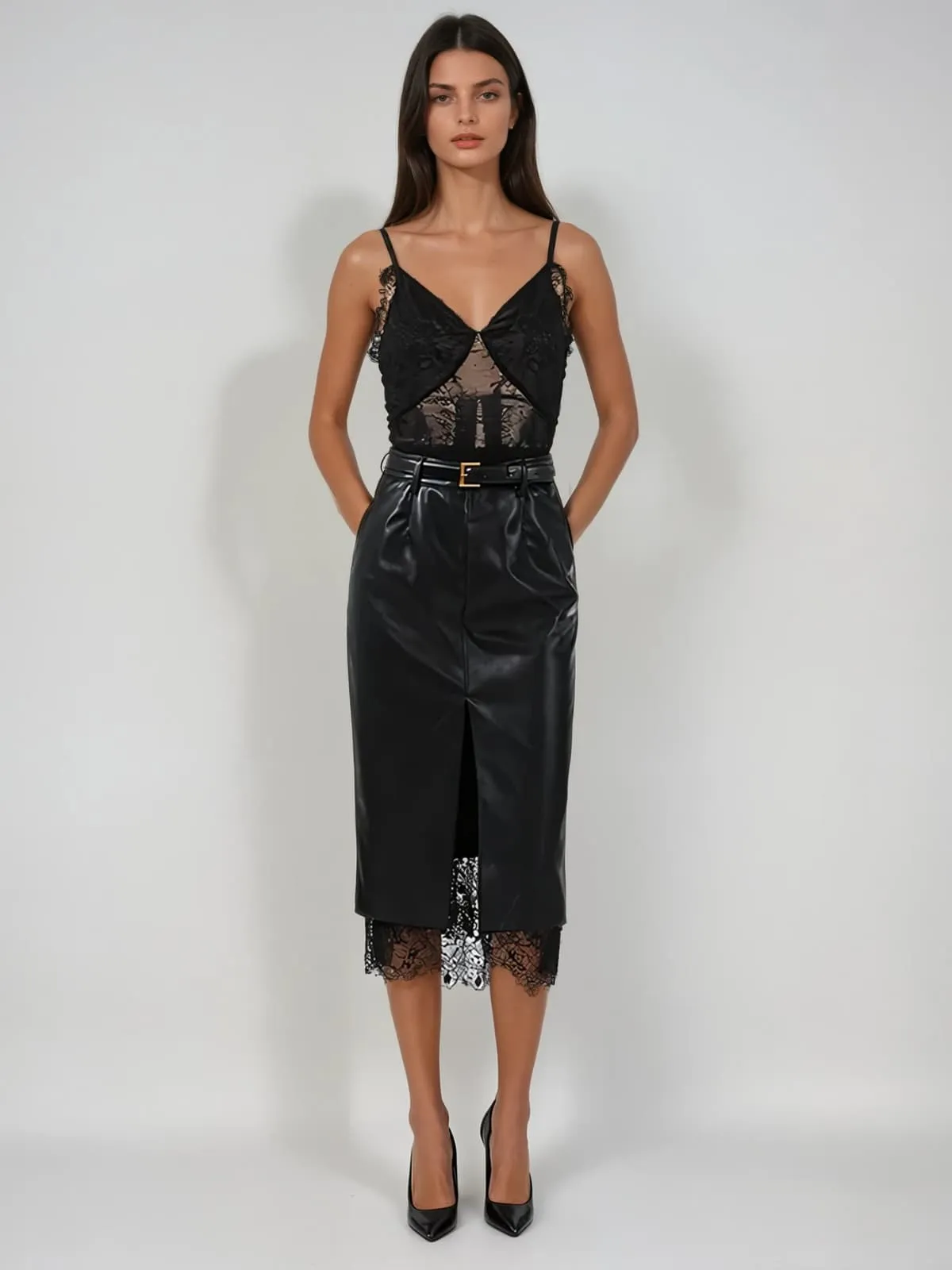 Frazilor Spaghetti Lace Leather Midi Dress sold by Mew Mews product image thumbnail 3