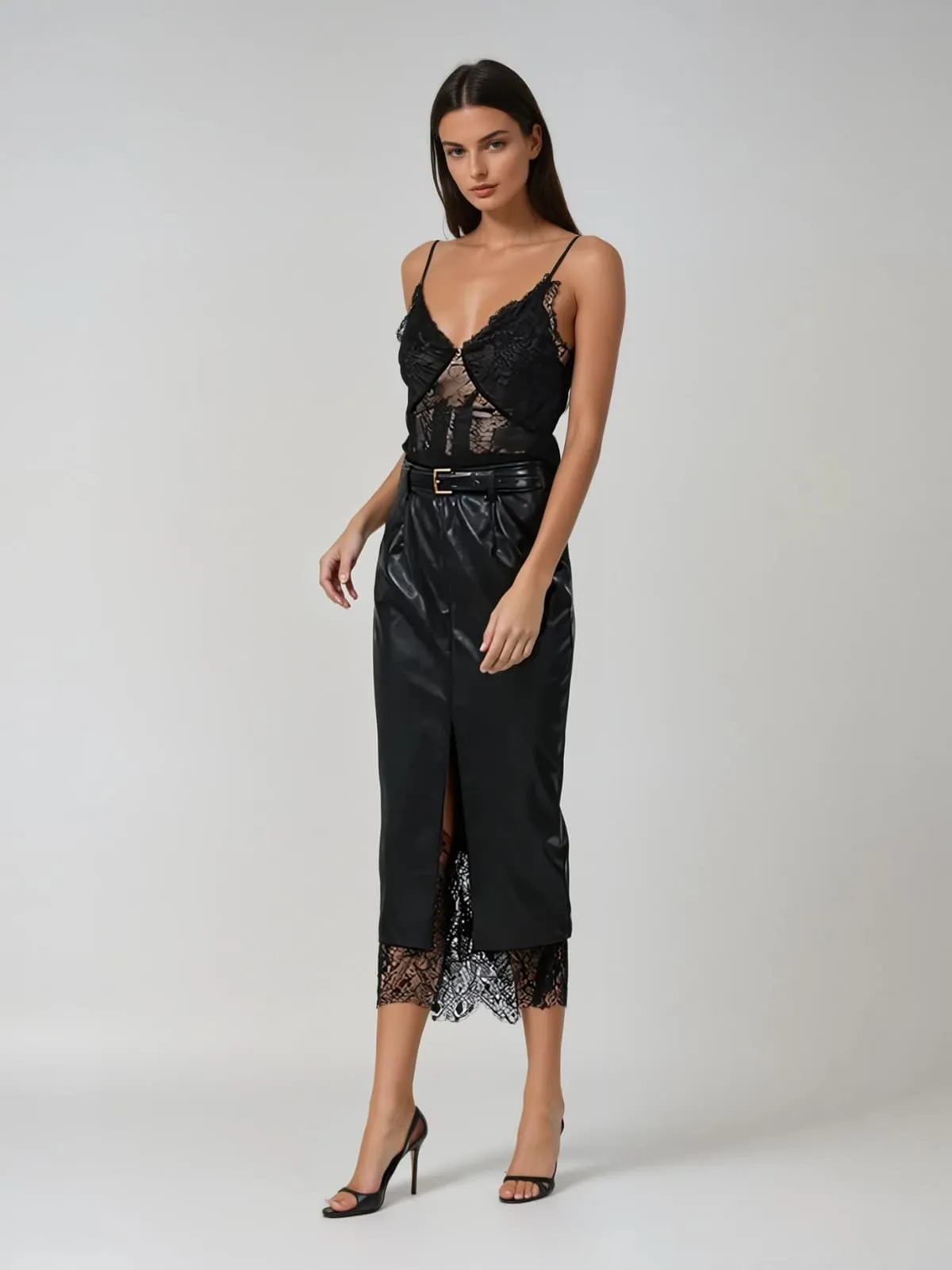 Frazilor Spaghetti Lace Leather Midi Dress sold by Mew Mews product image thumbnail 4