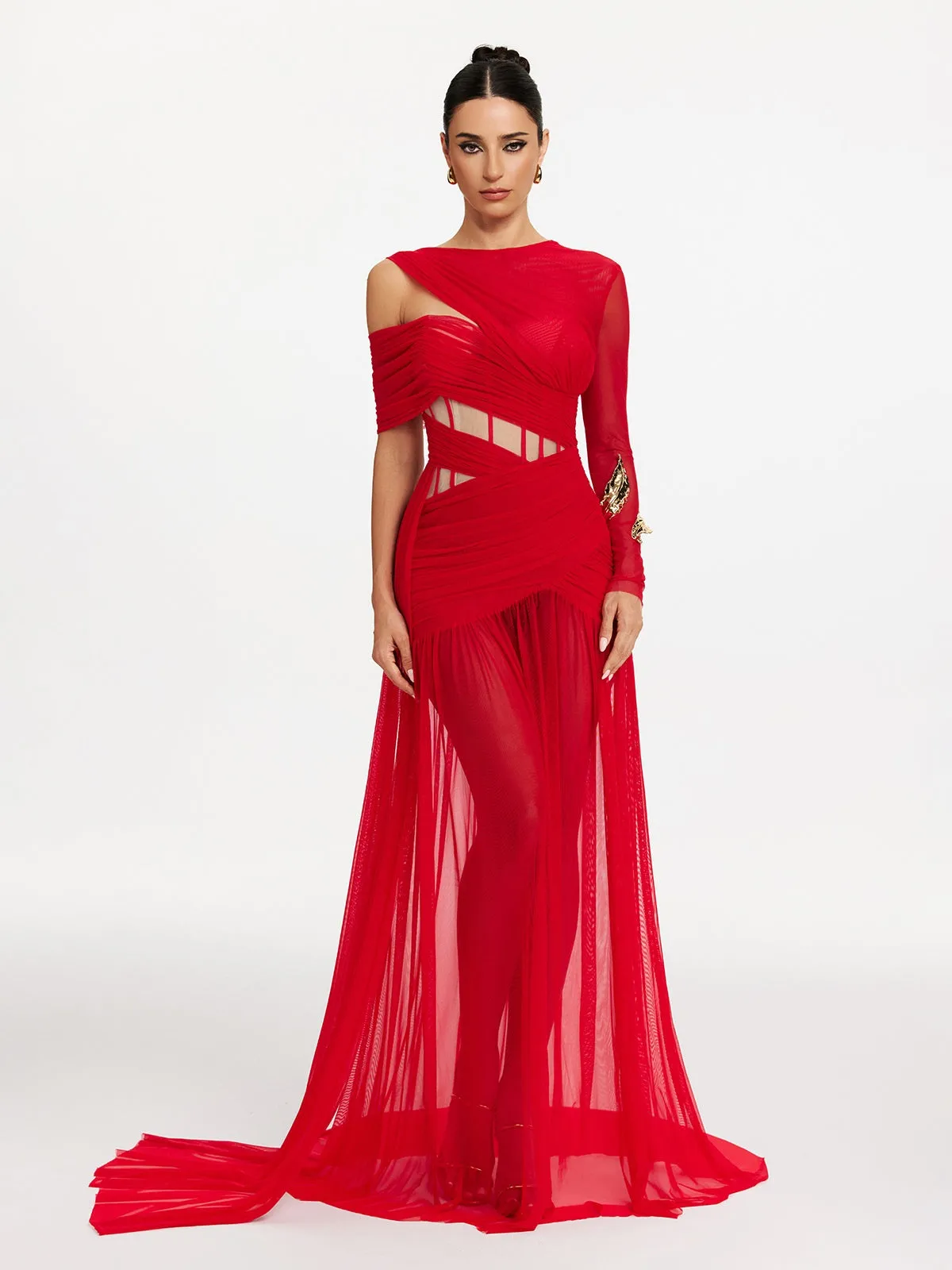 Malati Corset Cutout Mesh Maxi Dress In Red sold by Mew Mews