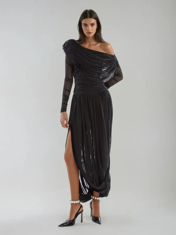 Myriael One Shoulder Ruched Split Midi Dress sold by Mew Mews