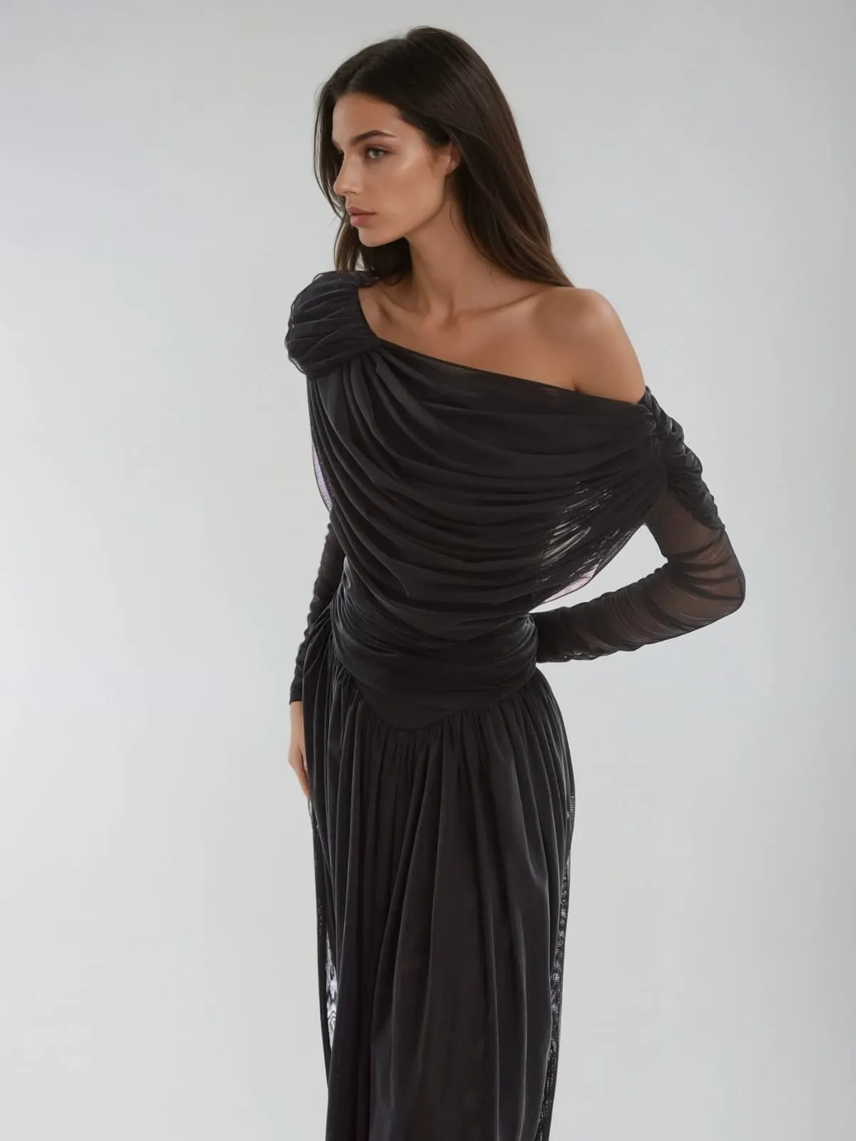 Myriael One Shoulder Ruched Split Midi Dress sold by Mew Mews product image thumbnail 2