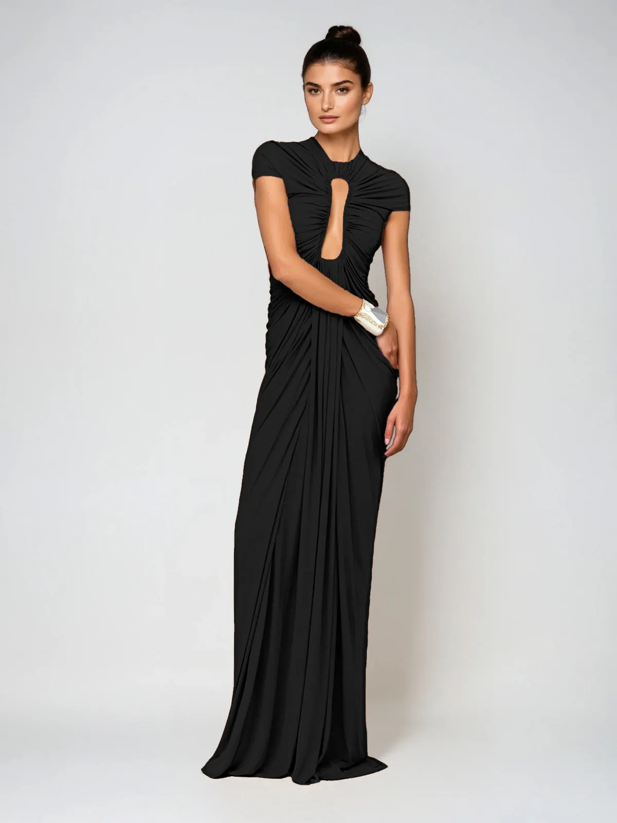 Drosyne Cutout Ruched Draped Maxi Dress In Black sold by Mew Mews