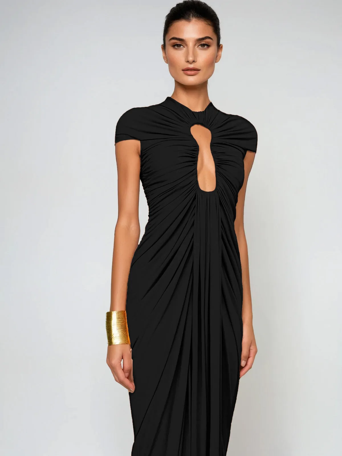 Drosyne Cutout Ruched Draped Maxi Dress In Black sold by Mew Mews product image thumbnail 3