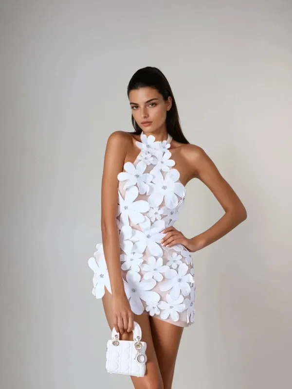 Geodar Halterneck Flower Mini Dress In White sold by Mew Mews