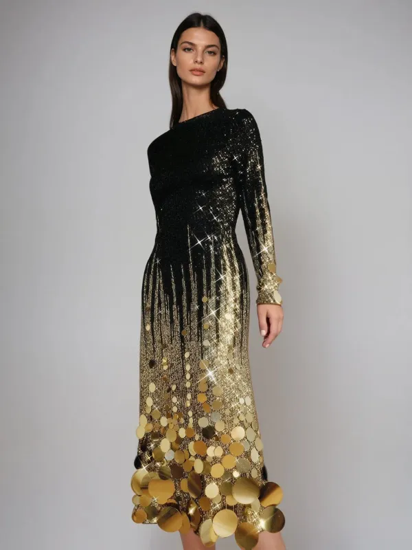 Aistulf Long Sleeve Round Sequin Midi Dress made by Mew Mews